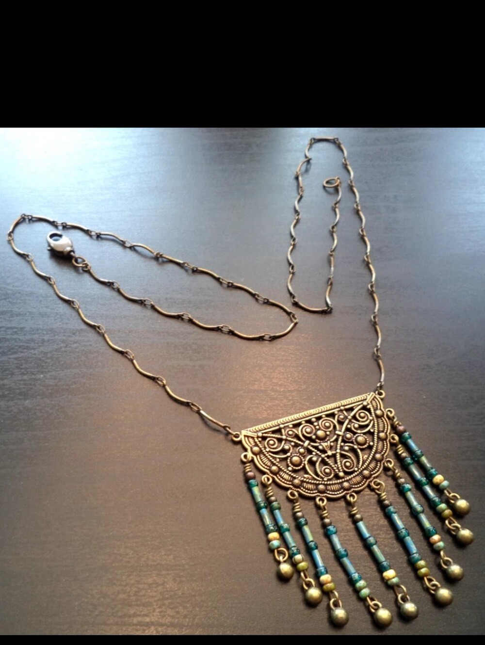 Antique Israel Silver Filigree Pendant Necklace with Turquoise Beaded Fringe